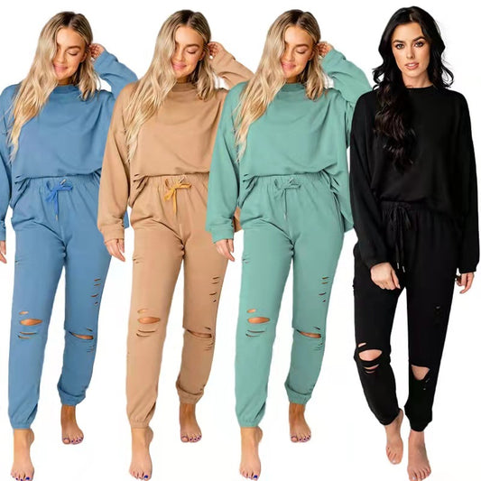Women's Solid Color Ripped Round Neck Pullover Pants Casual Long Sleeve Sweatshirt Cotton Suit