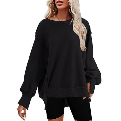 Pullover Sweatshirt Loose Round Neck Side Slit Long Sleeve Sports Sweatshirt For Women Tops