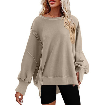 Pullover Sweatshirt Loose Round Neck Side Slit Long Sleeve Sports Sweatshirt For Women Tops