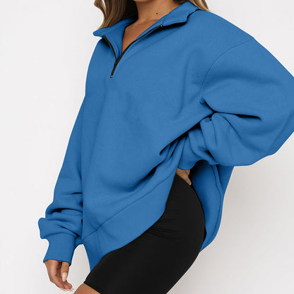 Women Sweatshirts Zip Turndown Collar Loose Casual Tops Clothes